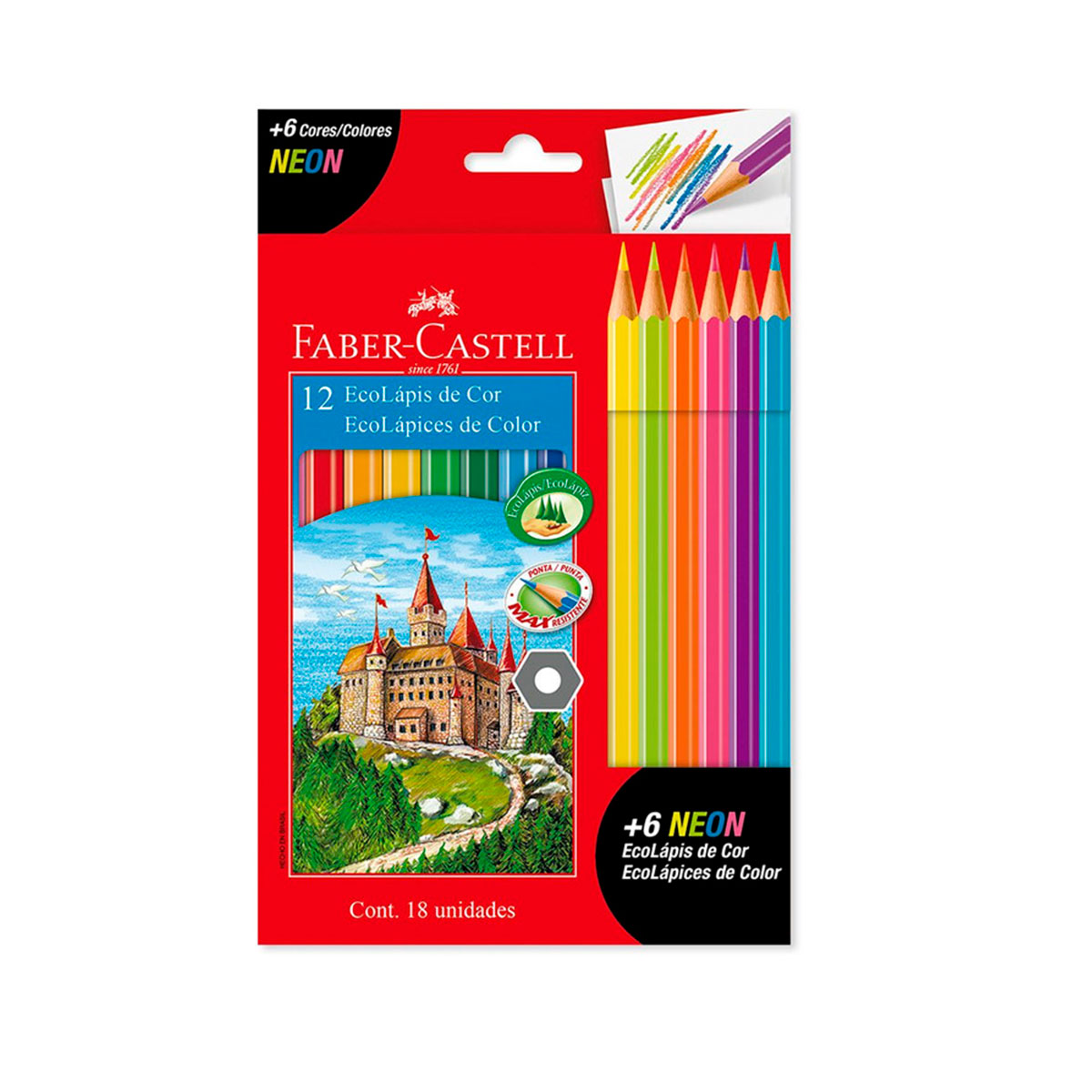 112671 FABER-CASTELL                                                | ECOLAPIZ POR 12 COLORES LARGOS + 6 COLORES NEON                                                                                                                                                                                                 