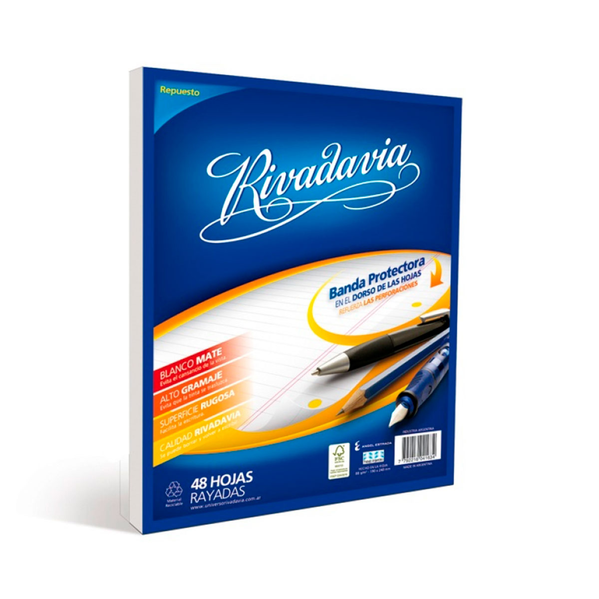 493121 RIVADAVIA                                                    | REPUESTO A4 48 HOJAS CON BANDA PROTECTORA RAYADAS                                                                                                                                                                                               
