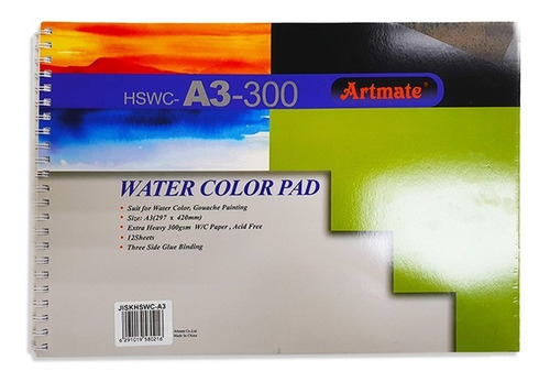 HSWC-A3-300 ARTMATE                                                      | BLOCK A3 HSWC-A3-300 PARA ACUARELA 300 GRAMOS 12 HOJAS                                                                                                                                                                                          